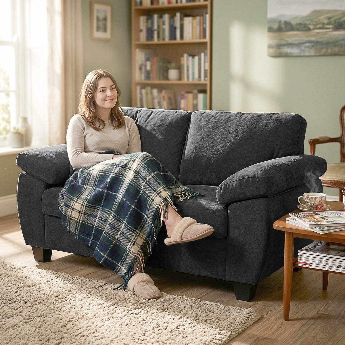 2-Seater Chenille Sofa, 156 cm, Dark Grey, 300 kg Capacity
