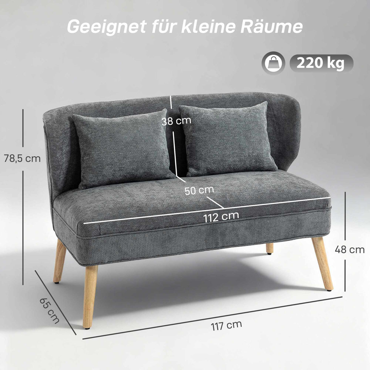2-Seater Chenille Sofa, Wingback, Rubberwood Legs, Grey