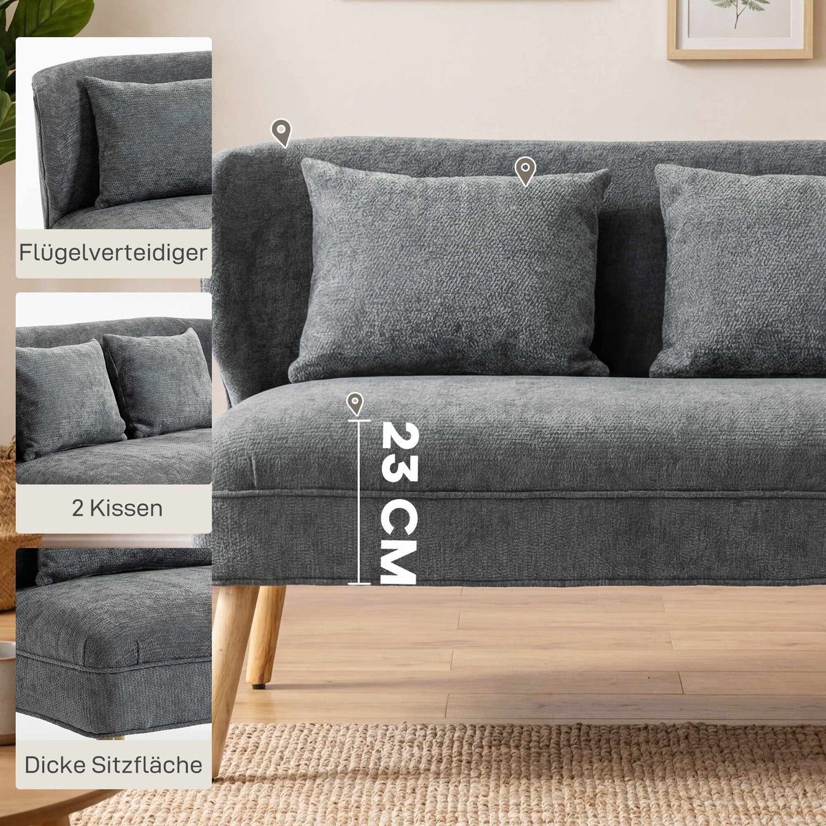 2-Seater Chenille Sofa, Wingback, Rubberwood Legs, Grey