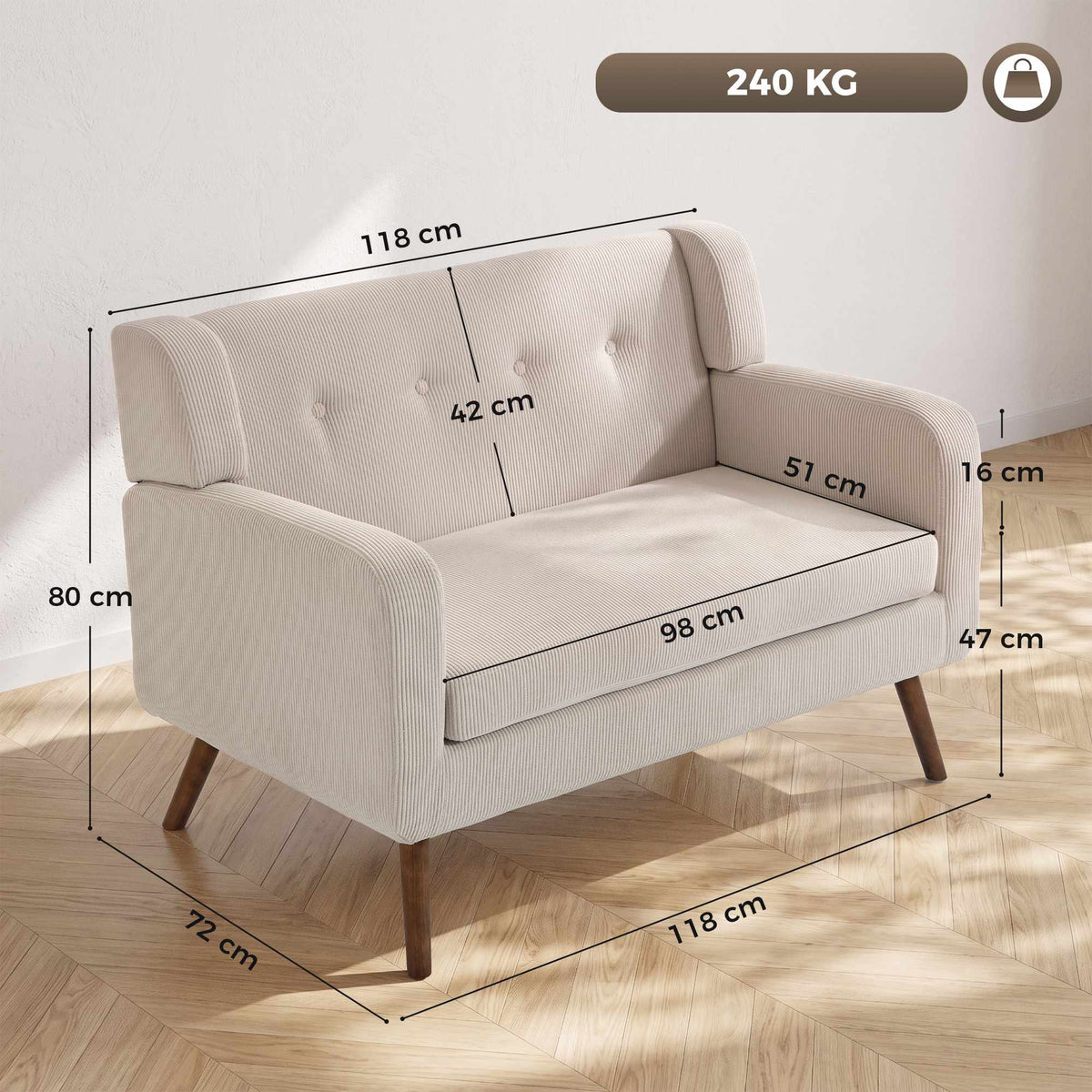 2-Seater Cord Sofa, Button-Tufted, Wood Legs, Beige