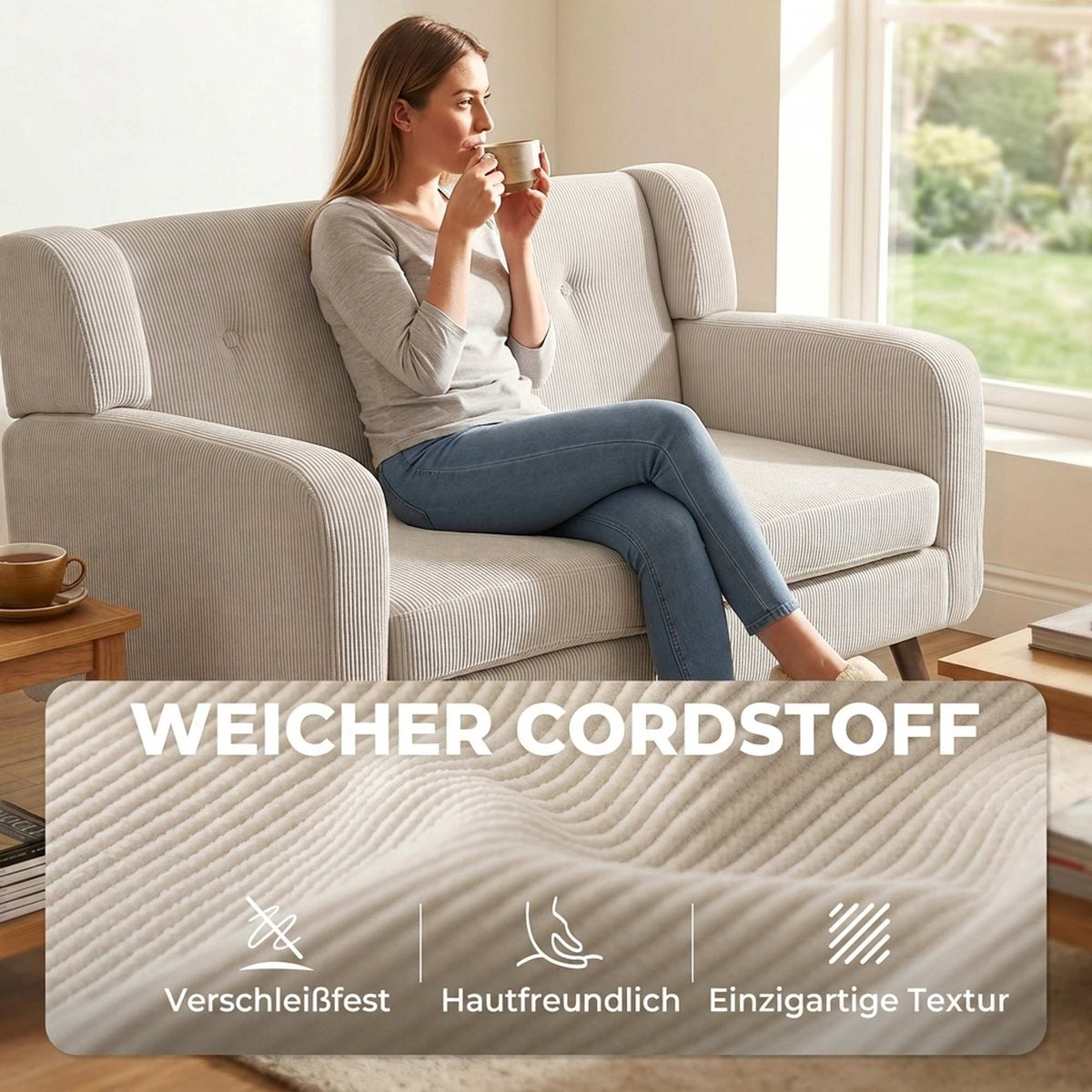 2-Seater Cord Sofa, Button-Tufted, Wood Legs, Beige