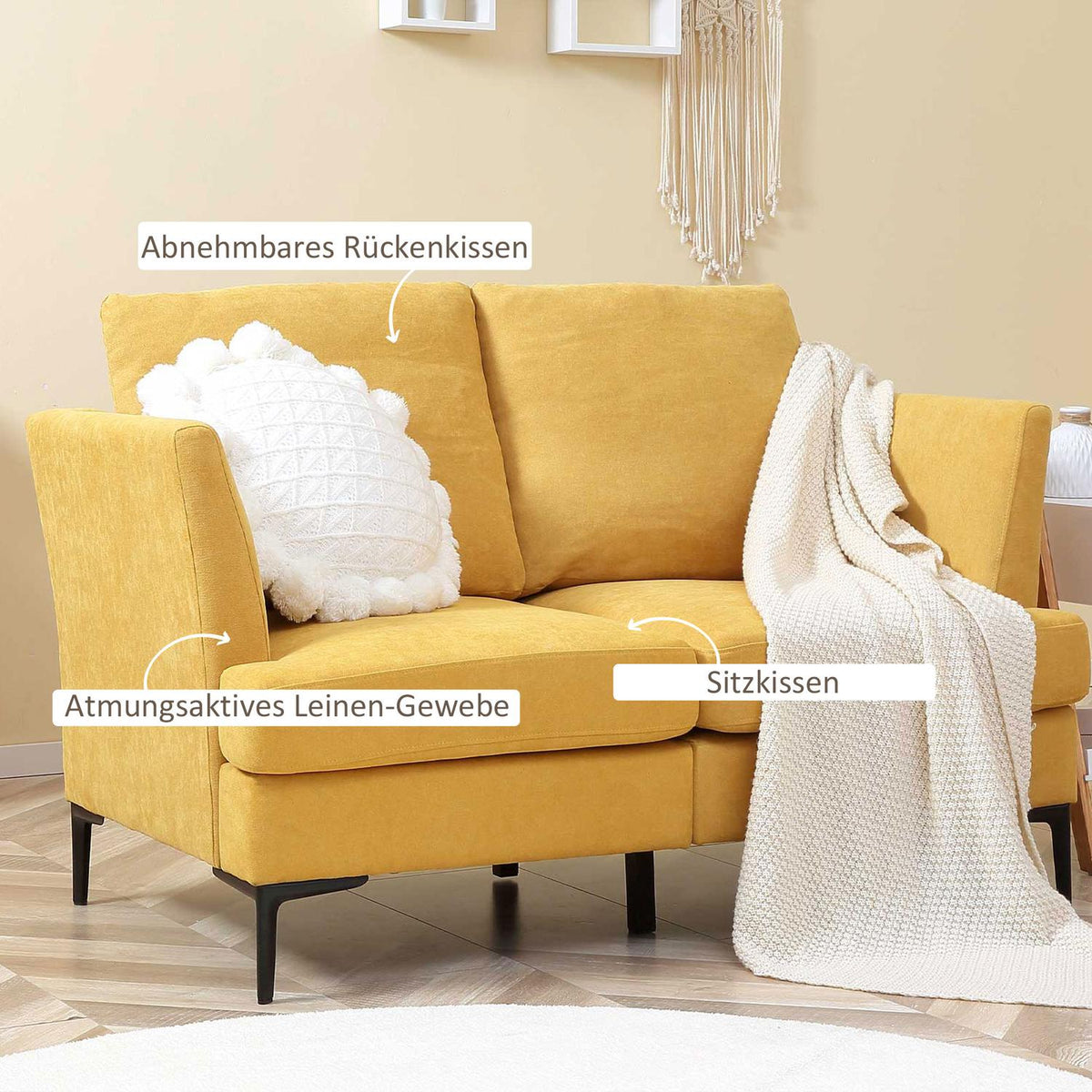 2-Seater Double Sofa In Linen Look, Loveseat In Retro Design, Up To 300 Kg, Yellow, 137X80X87Cm For Living Room
