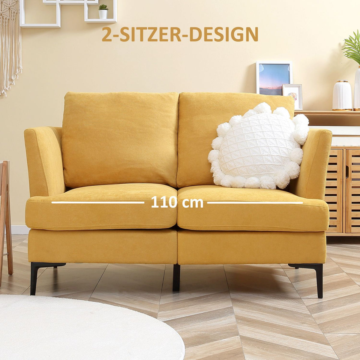 2-Seater Double Sofa In Linen Look, Loveseat In Retro Design, Up To 300 Kg, Yellow, 137X80X87Cm For Living Room