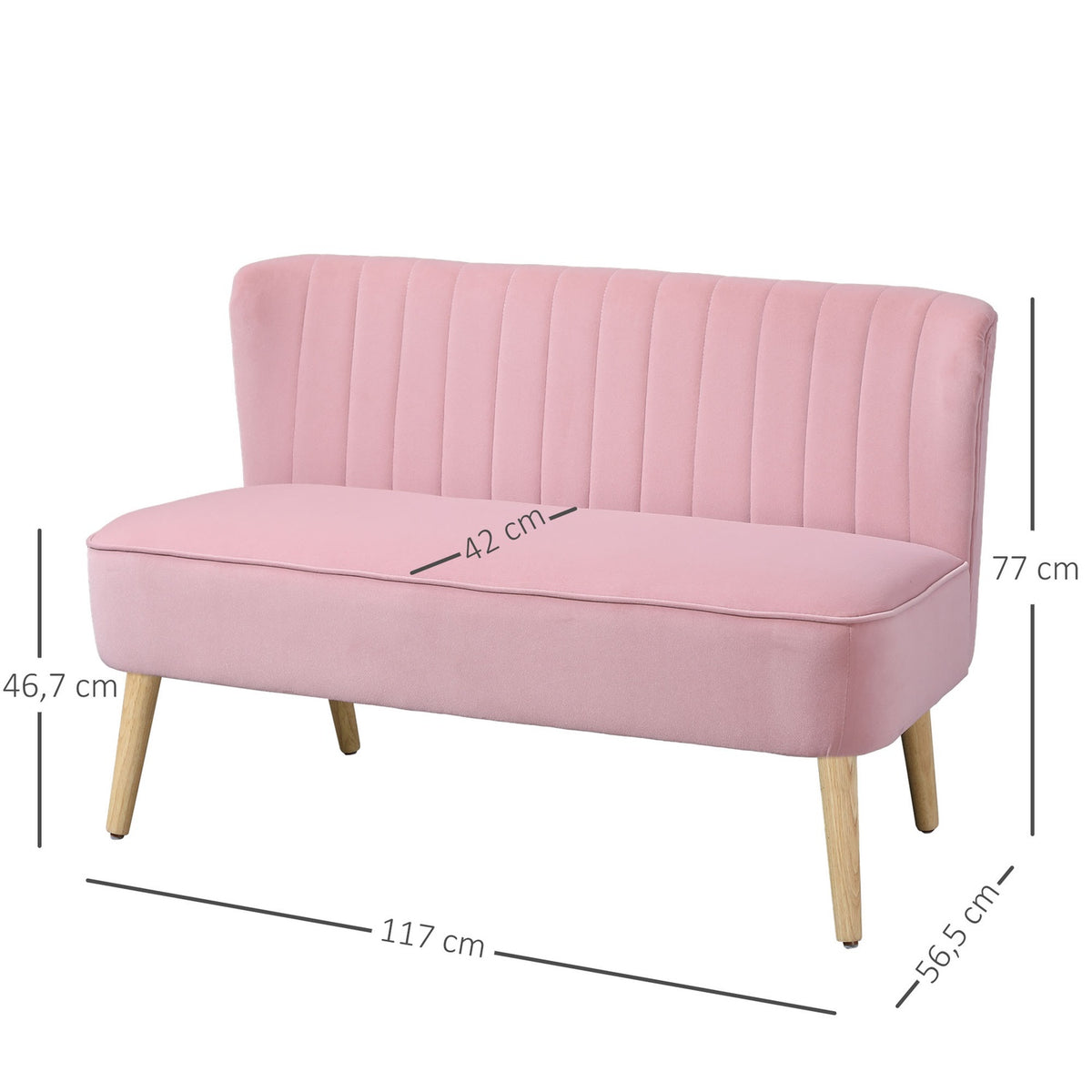 2-Seater Fabric Sofa, Upholstered Sofa, Double Sofa, Seating Furniture, Lounge Sofa, Wood, Foam, Velvet-Like Polyester, Pink, 117 X 56.5 X 77 Cm