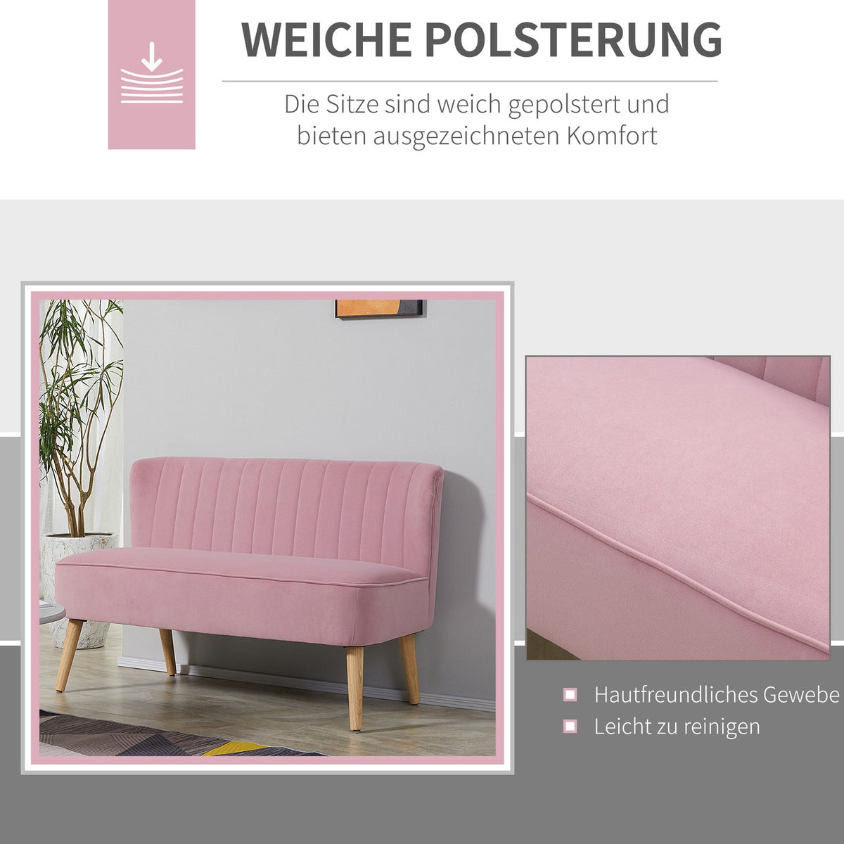 2-Seater Fabric Sofa, Upholstered Sofa, Double Sofa, Seating Furniture, Lounge Sofa, Wood, Foam, Velvet-Like Polyester, Pink, 117 X 56.5 X 77 Cm