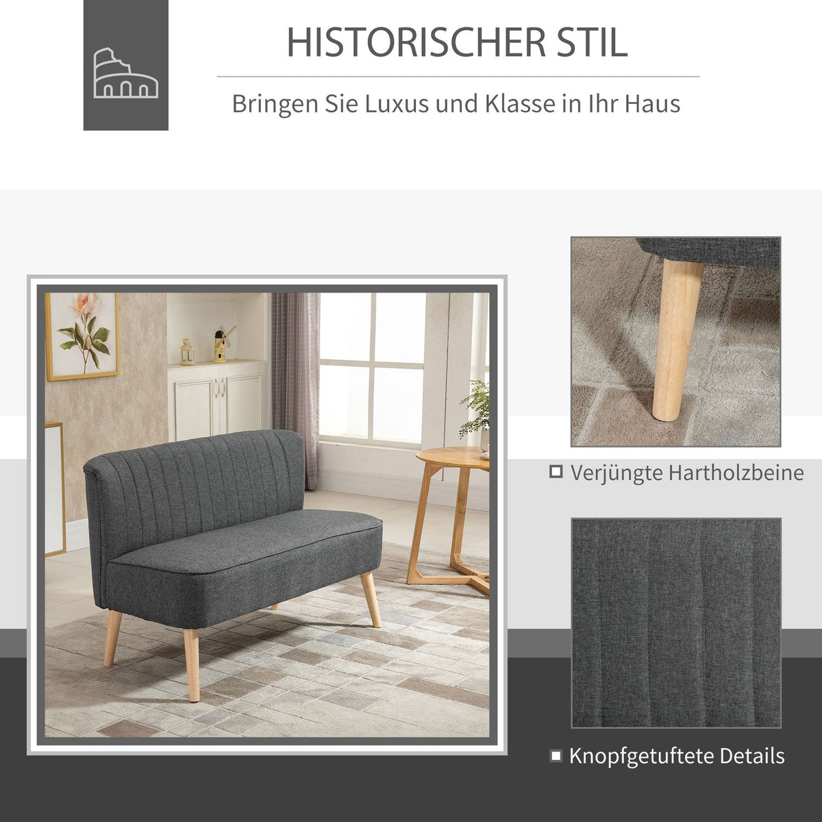 2-Seater Fabric Sofa Upholstered Sofa Seating Lounge Sofa Wood Foam Dark Gray 117 X 56.5 X 77 Cm
