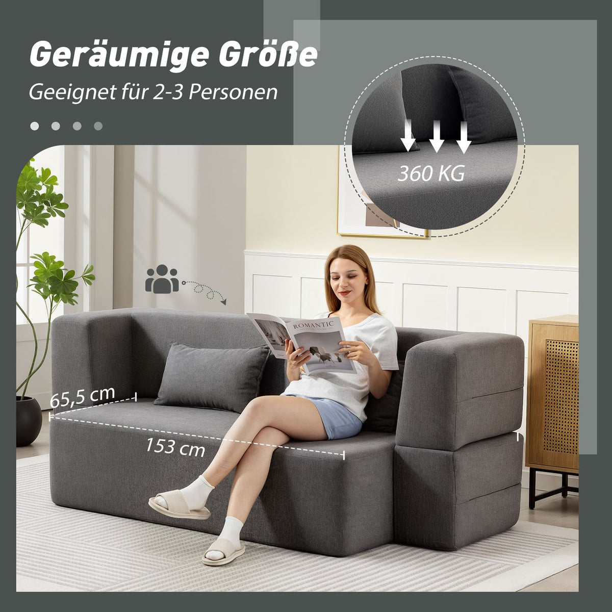 2-Seater Foam Sofa Bed, Wide Armrests, 360kg Capacity, Grey