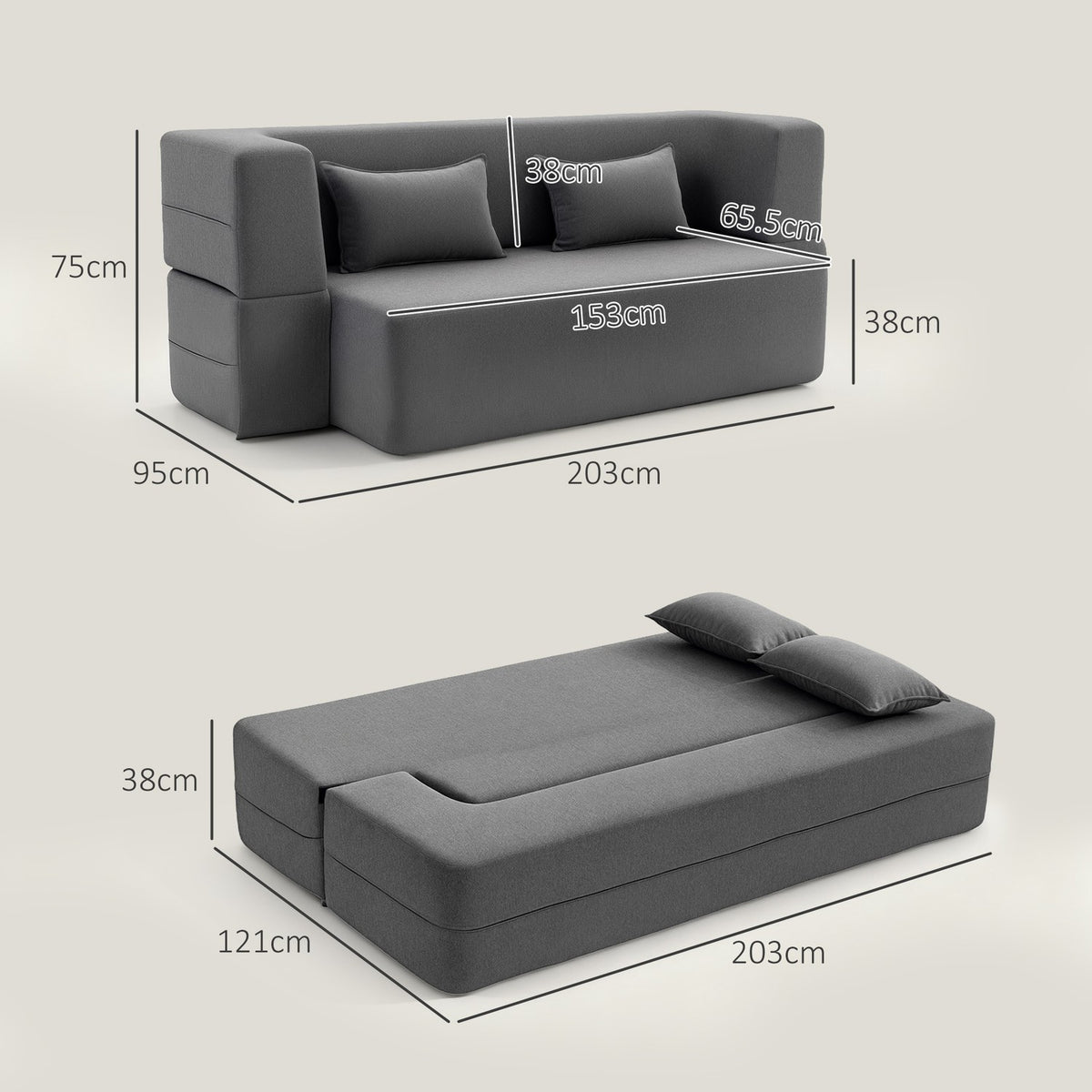 2-Seater Foam Sofa Bed, Wide Armrests, 360kg Capacity, Grey