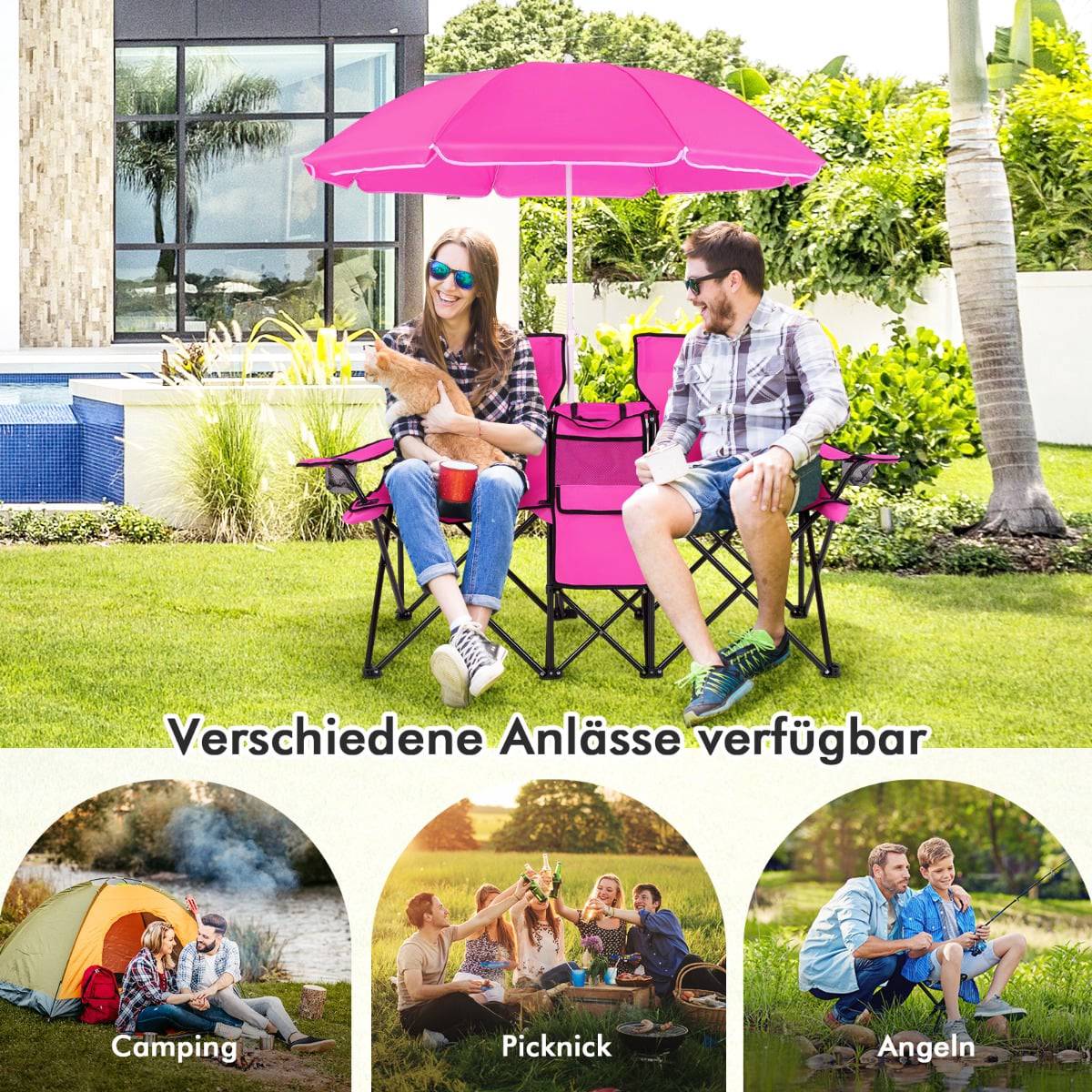 2-Seater Folding Camping Chair with Umbrella, Pink