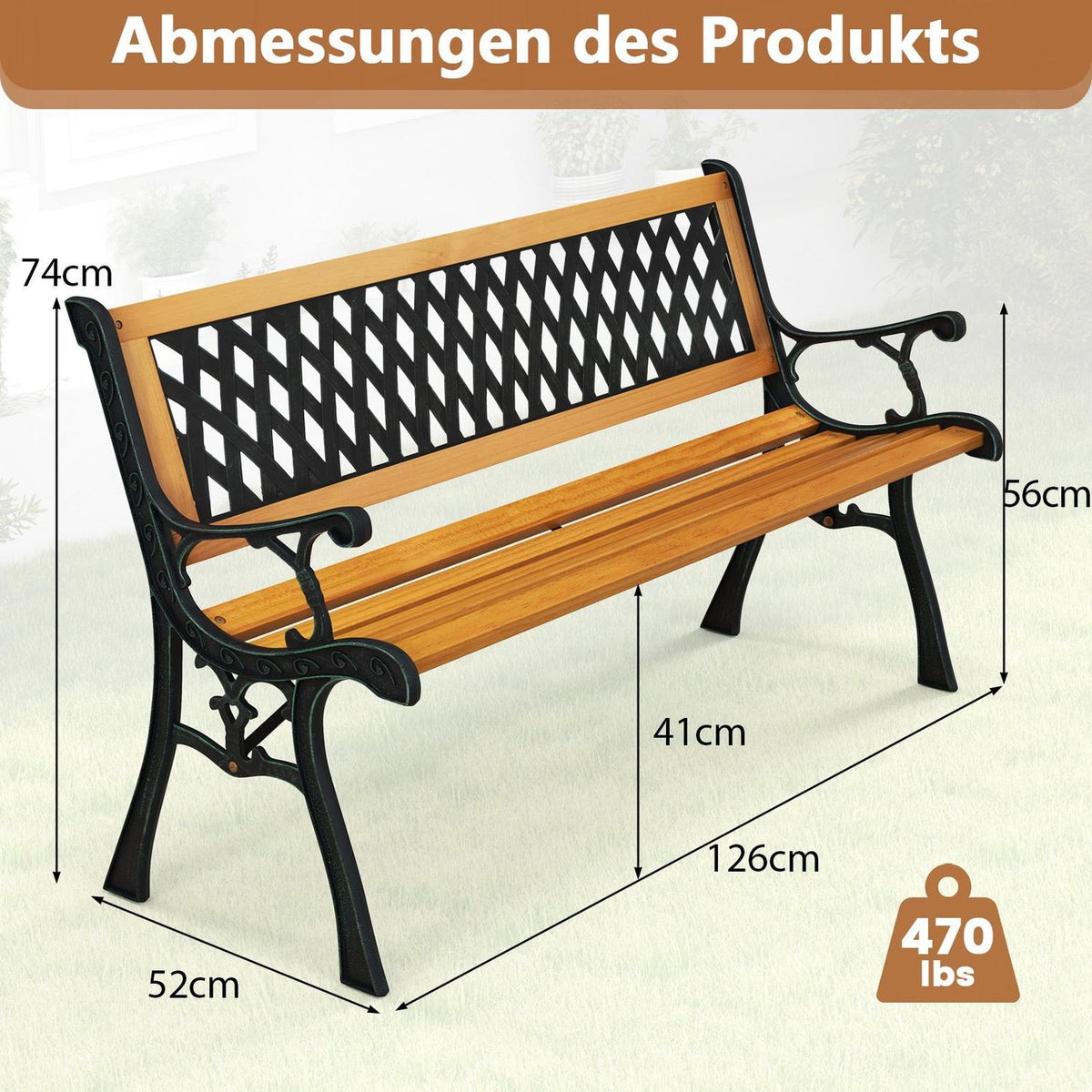 2-Seater Garden Bench, Weatherproof Wood & Iron
