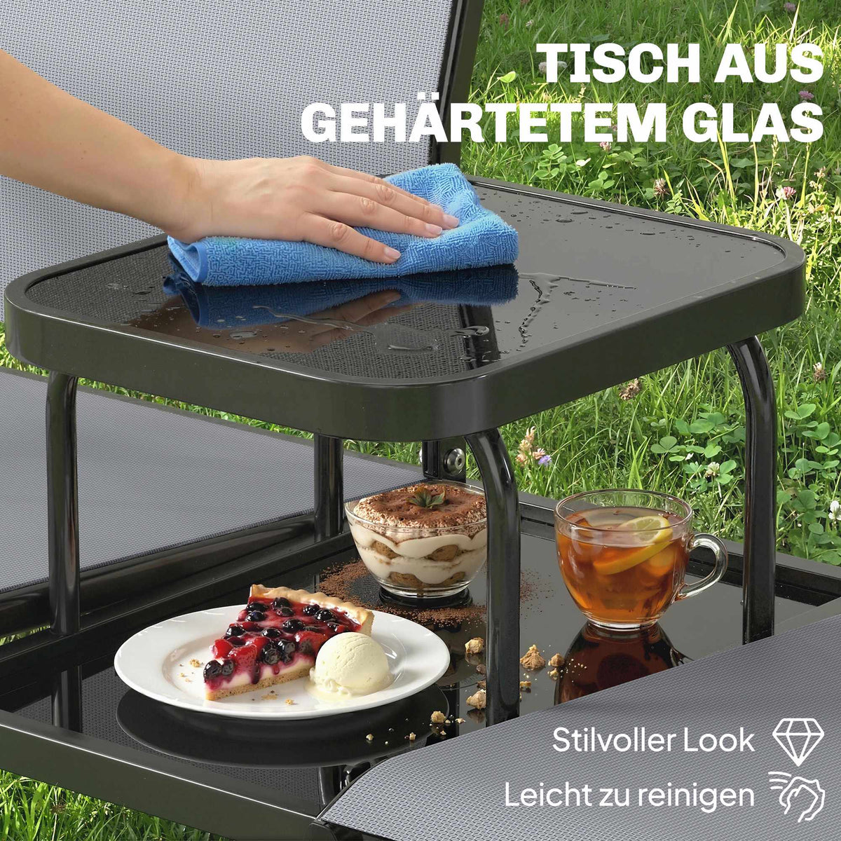 2-Seater Garden Bench with Table, Metal Frame, Grey
