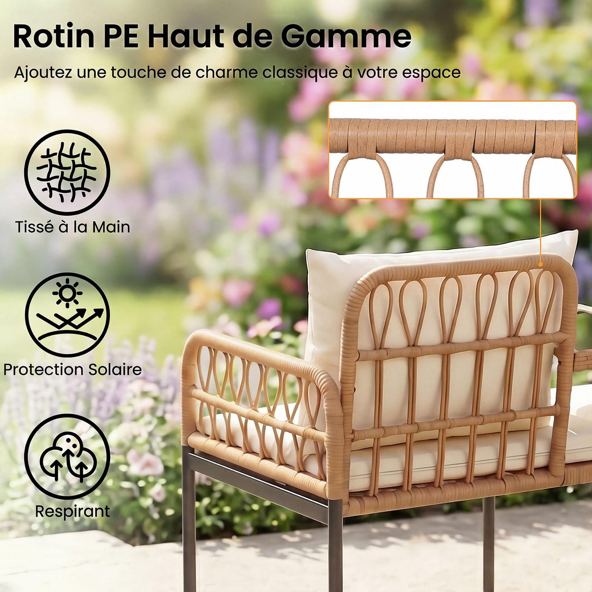 2-Seater Garden Rattan Sofa With Cushions, Glass Table