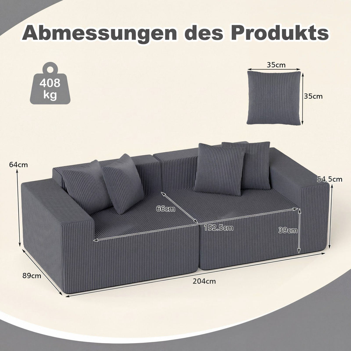 2-Seater Gray Corduroy Sofa with Deep Seat and Cushions