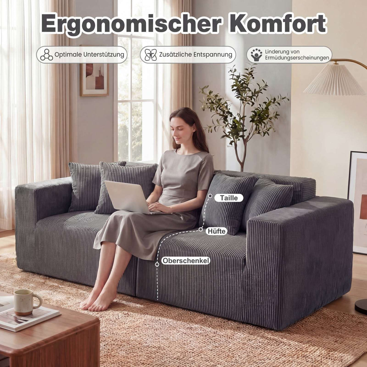 2-Seater Gray Corduroy Sofa with Deep Seat and Cushions