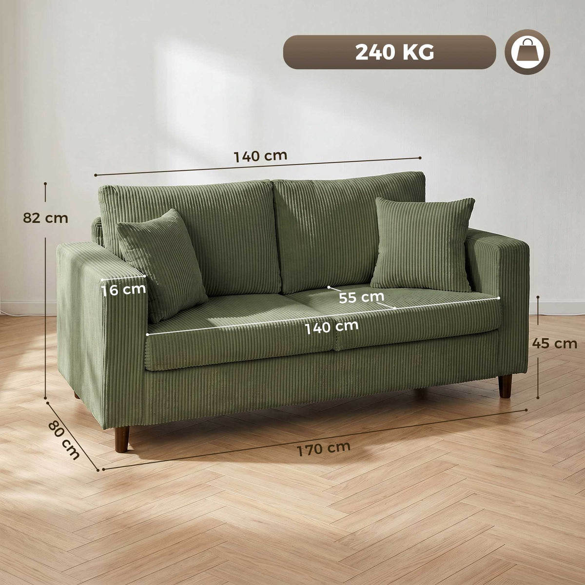 2-Seater Green Corduroy Sofa with Deep Cushioning