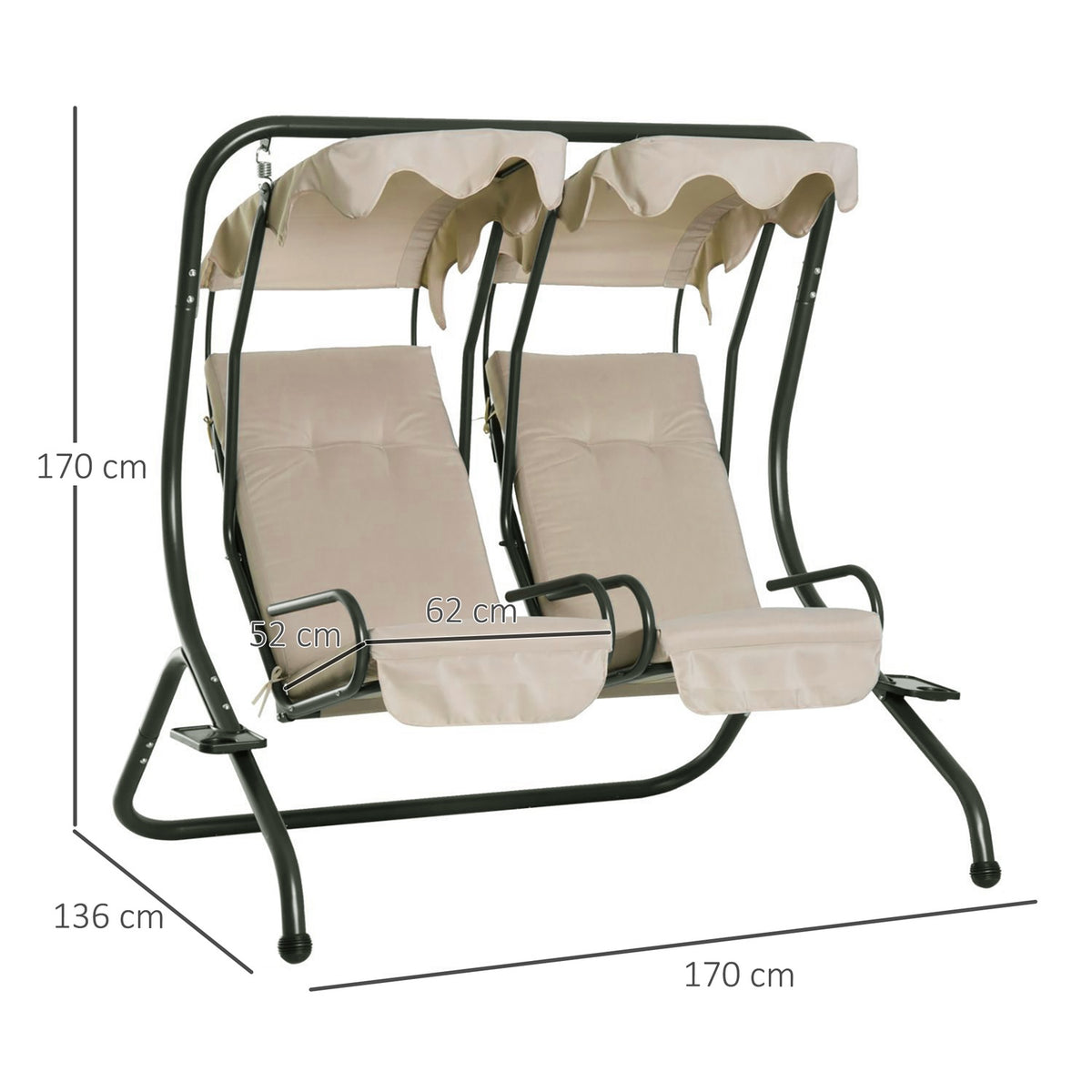 2-Seater Hollywood Swing Garden Swing With Sun Canopy Garden Steel Beige 170 X 136 X 170 Cm