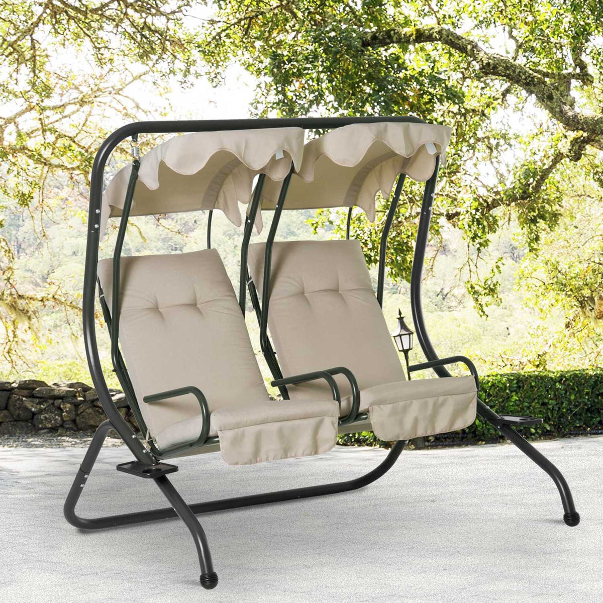 2-Seater Hollywood Swing Garden Swing With Sun Canopy Garden Steel Beige 170 X 136 X 170 Cm