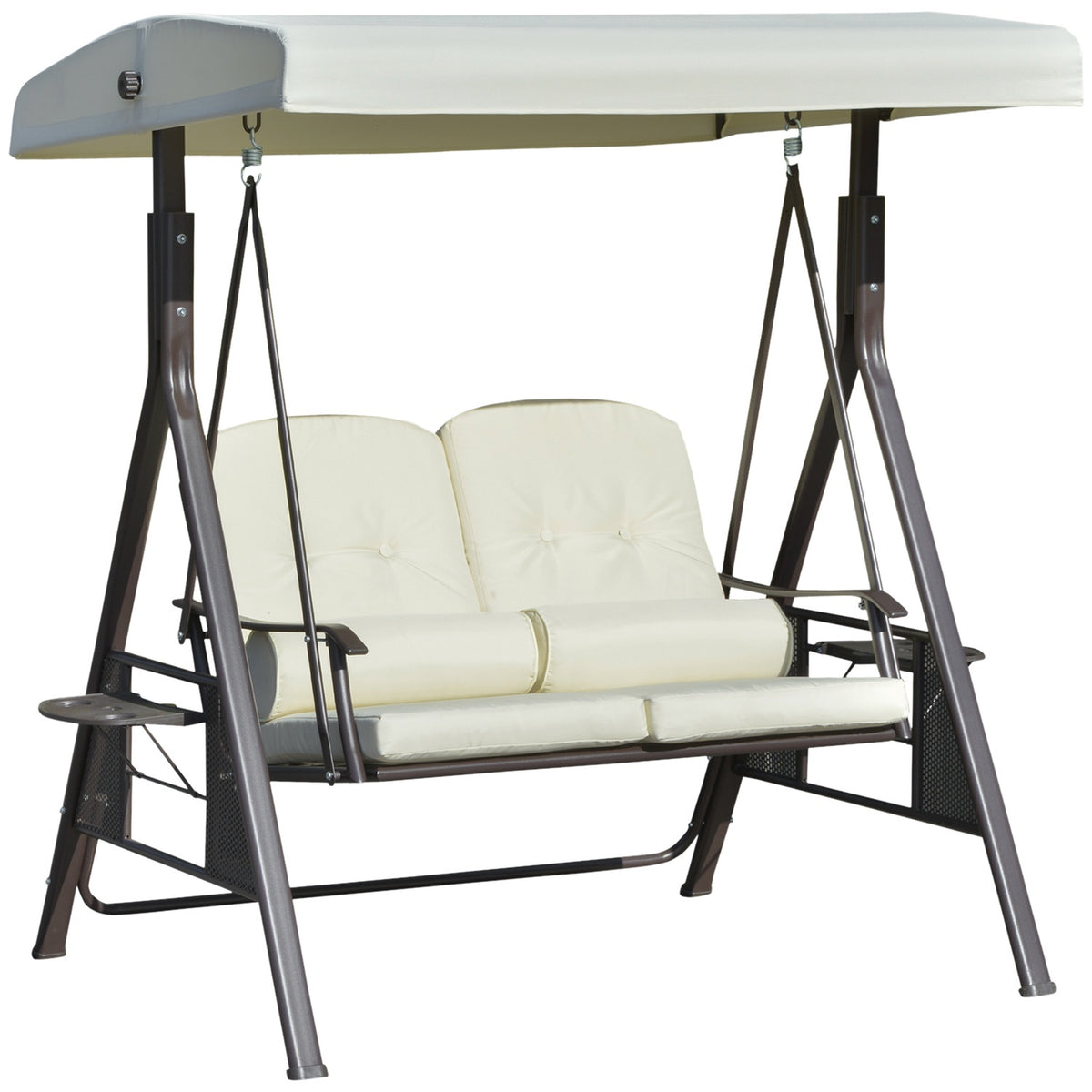 2-Seater Hollywood Swing Garden Swing with Sun Canopy, Cushion & Tray, Metal Frame, Polyester Cover, Beige, 162x118x173cm