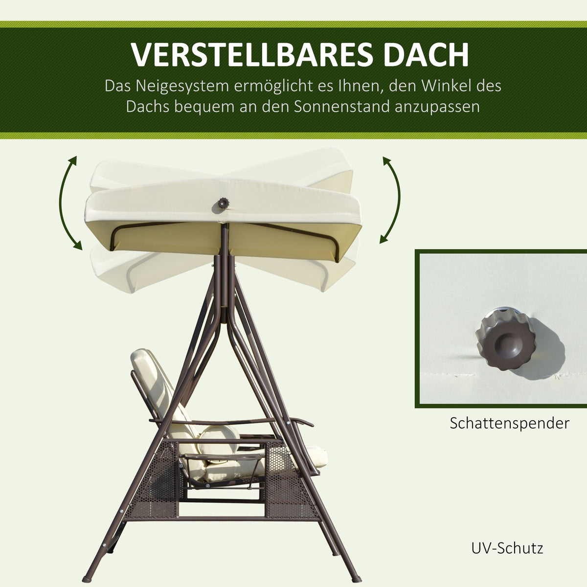 2-Seater Hollywood Swing Garden Swing with Sun Canopy, Cushion & Tray, Metal Frame, Polyester Cover, Beige, 162x118x173cm