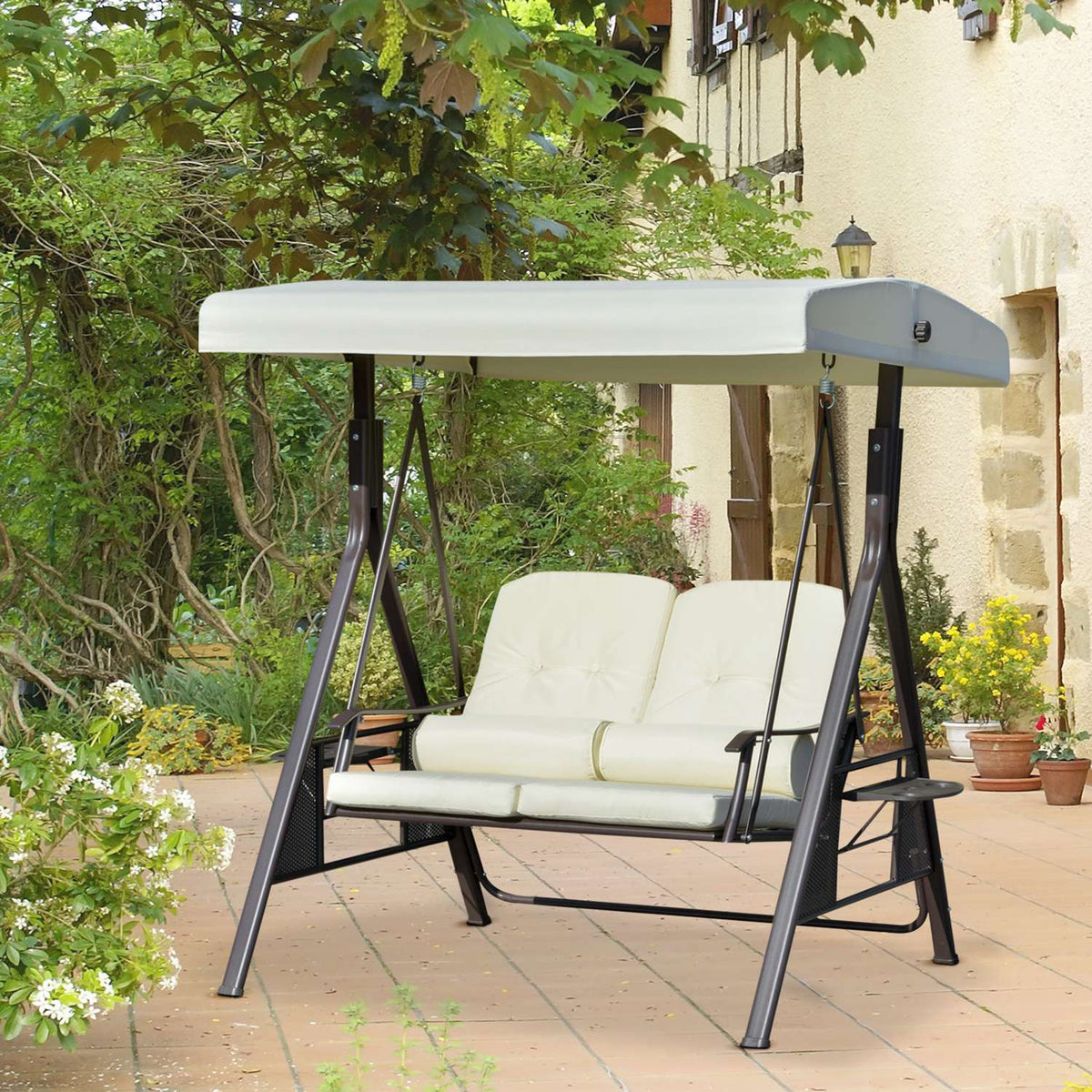 2-Seater Hollywood Swing Garden Swing with Sun Canopy, Cushion & Tray, Metal Frame, Polyester Cover, Beige, 162x118x173cm