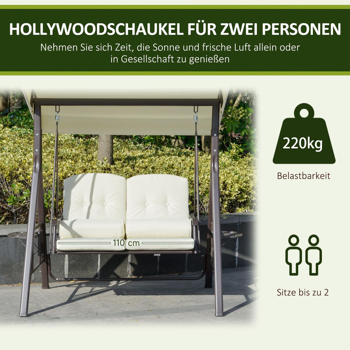 2-Seater Hollywood Swing Garden Swing with Sun Canopy, Cushion & Tray, Metal Frame, Polyester Cover, Beige, 162x118x173cm