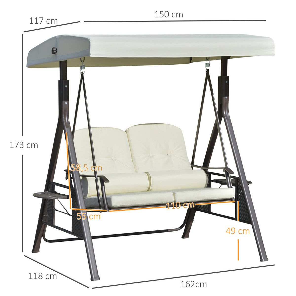 2-Seater Hollywood Swing Garden Swing with Sun Canopy, Cushion & Tray, Metal Frame, Polyester Cover, Beige, 162x118x173cm
