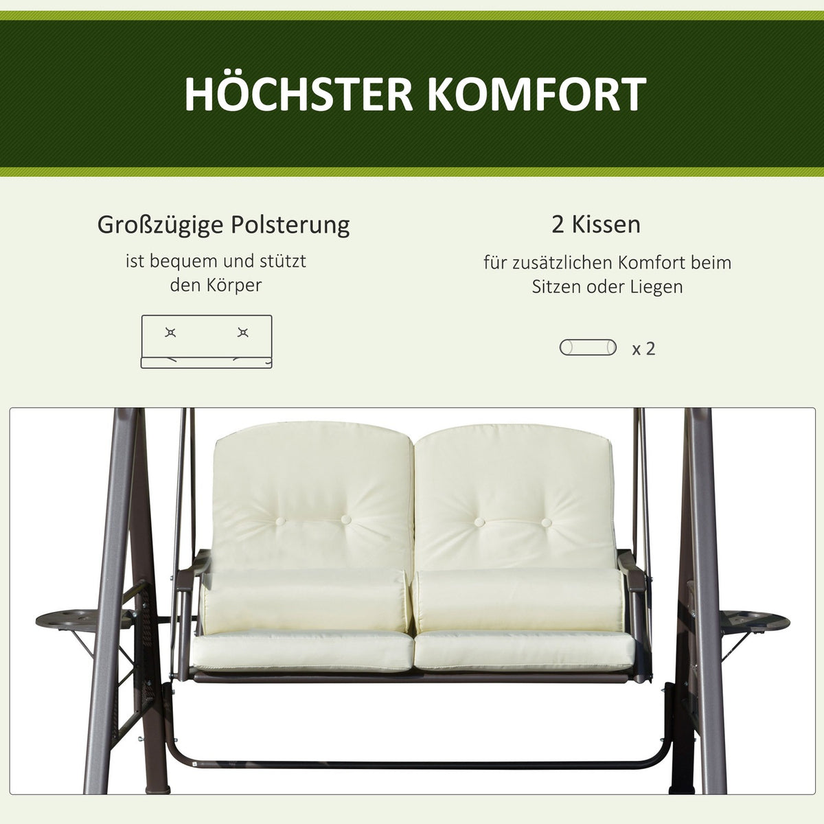 2-Seater Hollywood Swing Garden Swing with Sun Canopy, Cushion & Tray, Metal Frame, Polyester Cover, Beige, 162x118x173cm