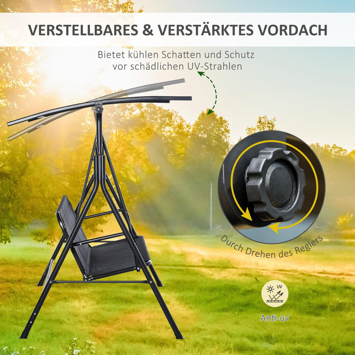 2-Seater Hollywood Swing Outdoor Garden Lounger Uv-Resistant High-Quality Metal Tube Angle-Adjustable Black
