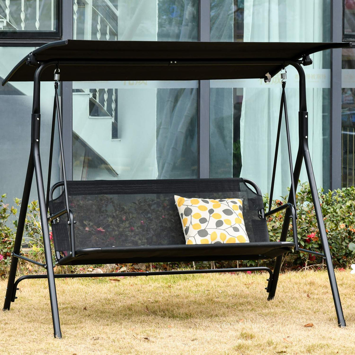 2-Seater Hollywood Swing Outdoor Garden Lounger Uv-Resistant High-Quality Metal Tube Angle-Adjustable Black