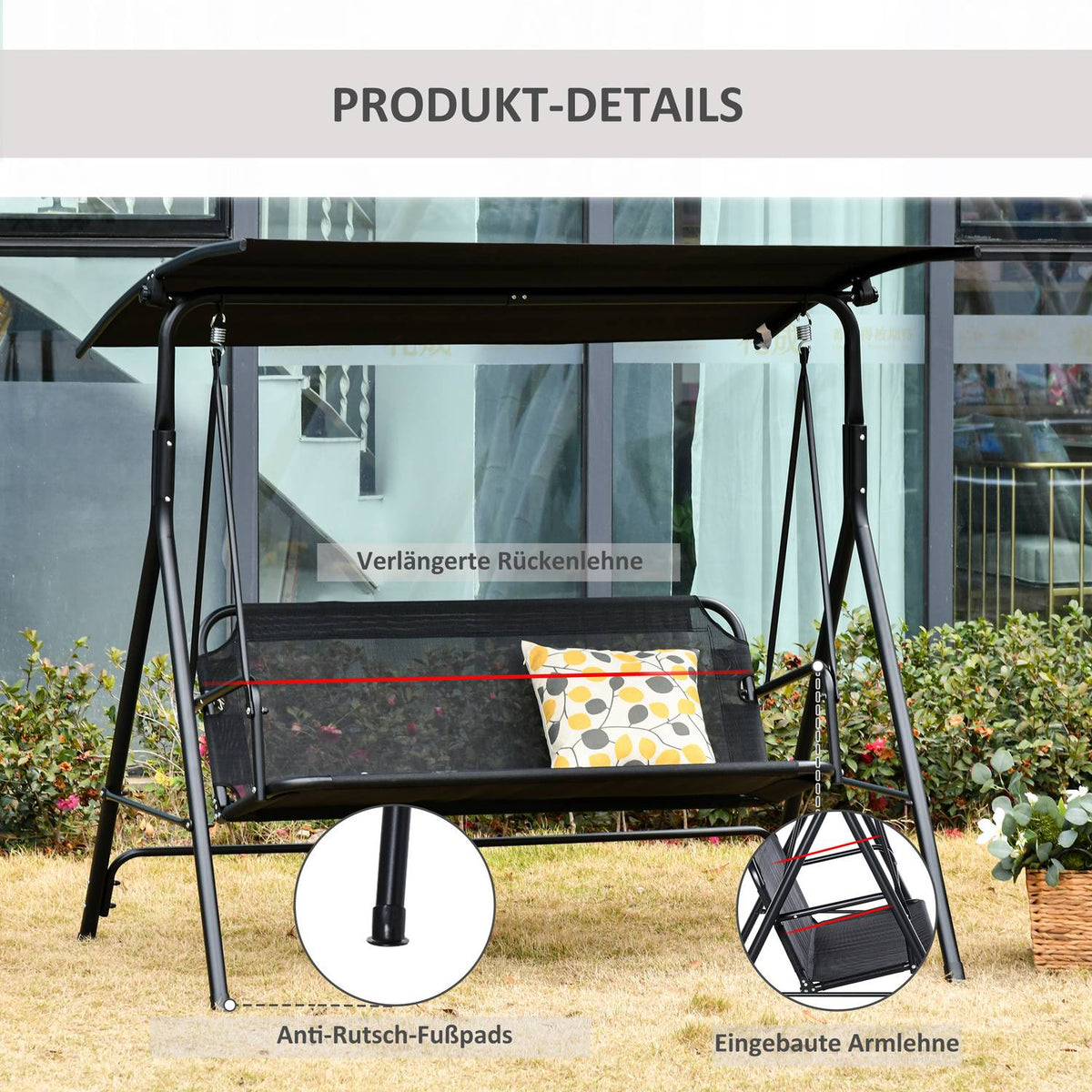 2-Seater Hollywood Swing Outdoor Garden Lounger Uv-Resistant High-Quality Metal Tube Angle-Adjustable Black