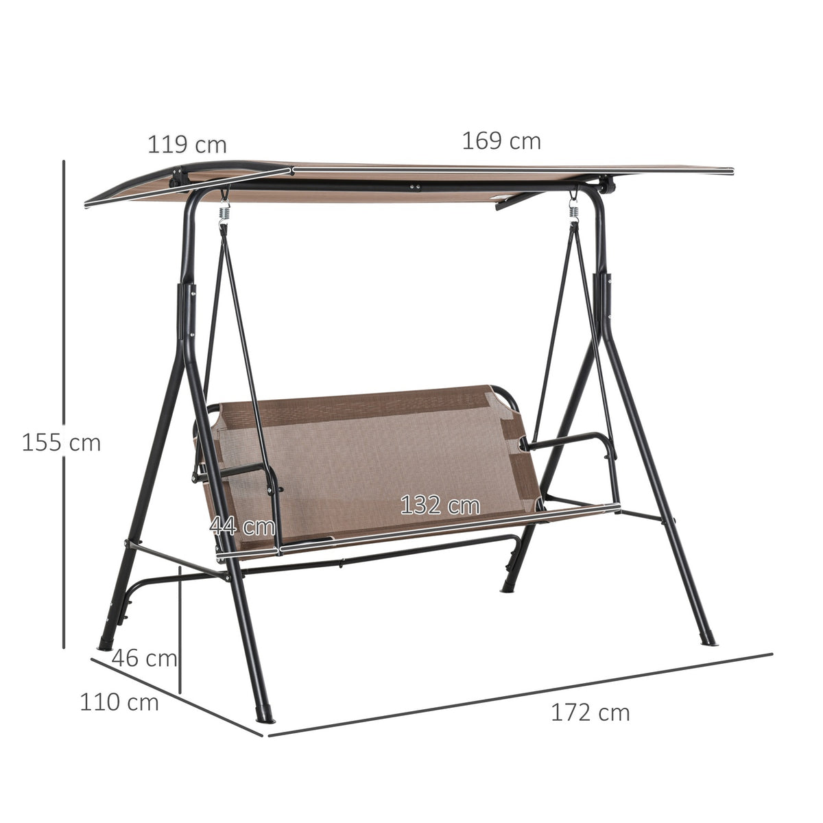 2-Seater Hollywood Swing Rocking Chair Outdoor Garden Lounger Uv-Resistant High-Quality Metal Tube Angle-Adjustable Brown