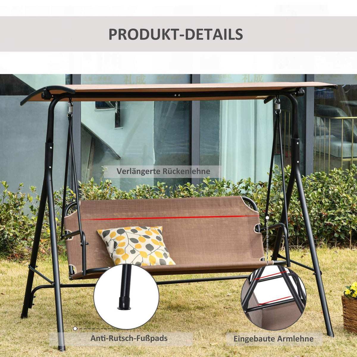 2-Seater Hollywood Swing Rocking Chair Outdoor Garden Lounger Uv-Resistant High-Quality Metal Tube Angle-Adjustable Brown