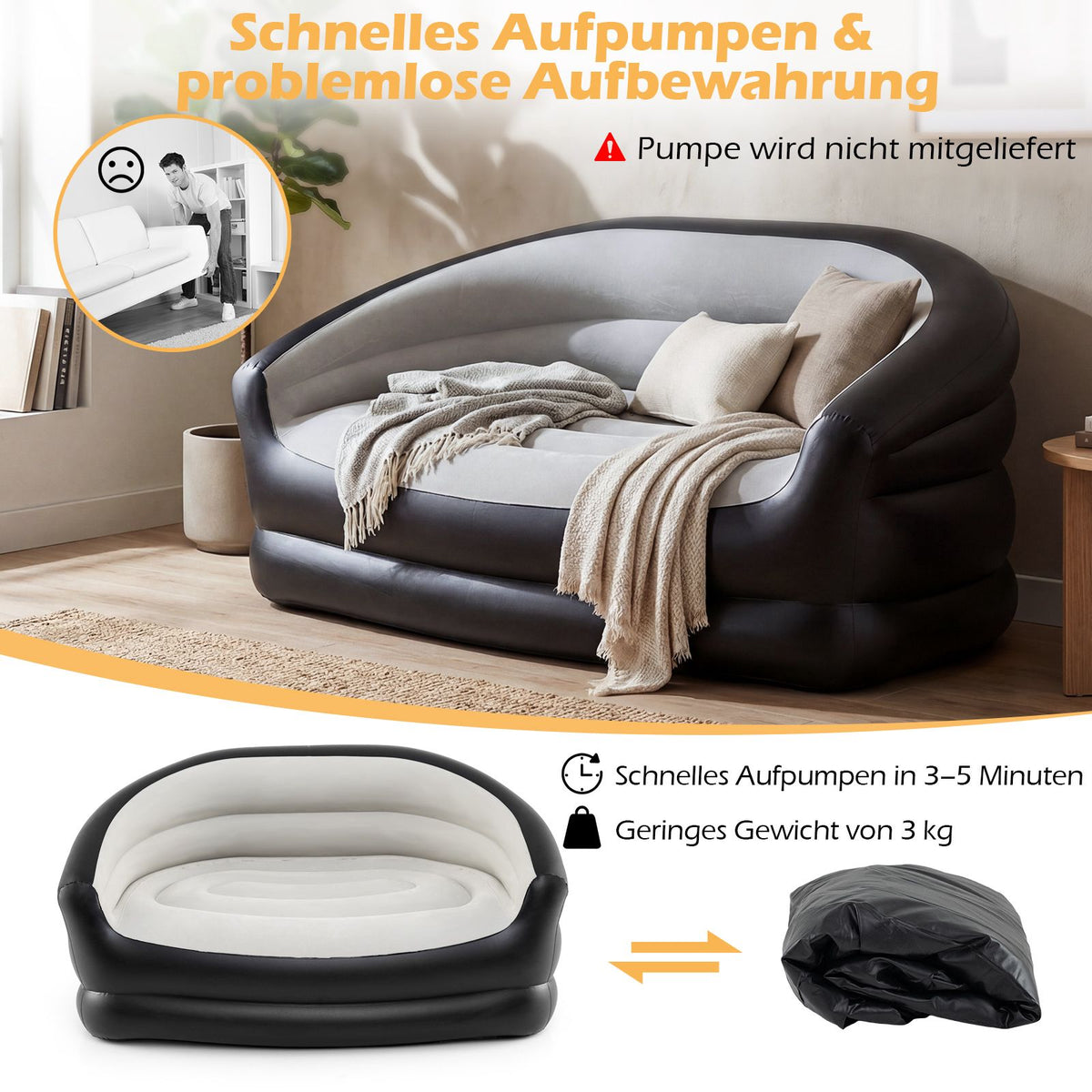 2-Seater Inflatable Sofa with Flocked Surface & Armrests