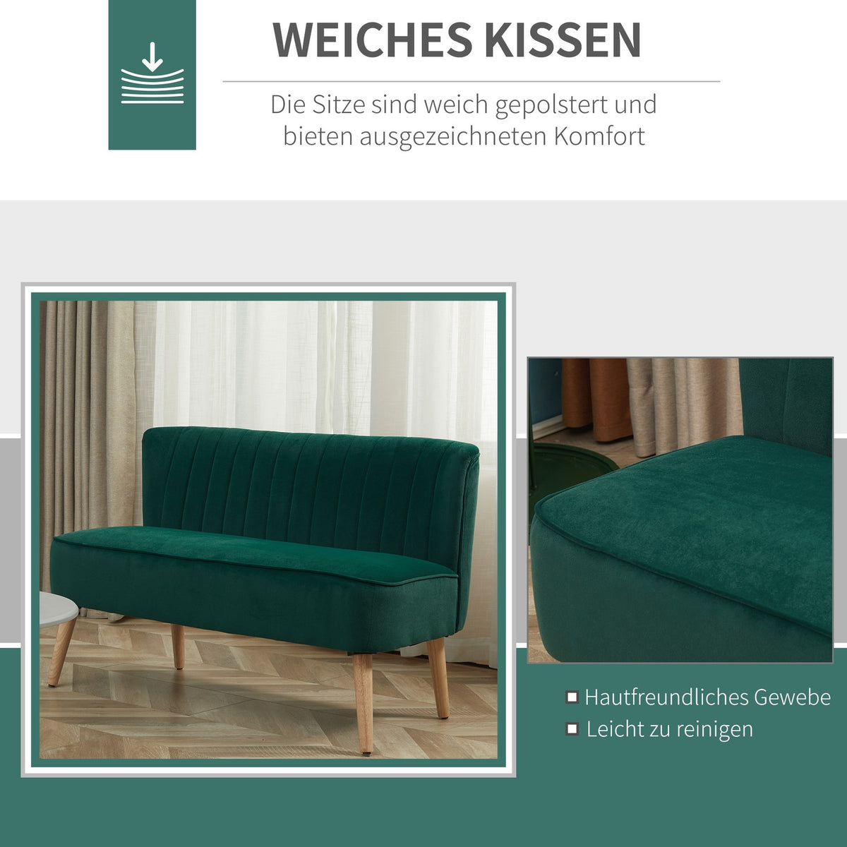 2-Seater Lounge Sofa Two-Seater Sofa Wood Velvet-Like Polyster Foam Dark Green 117 X 56.5 X 77 Cm