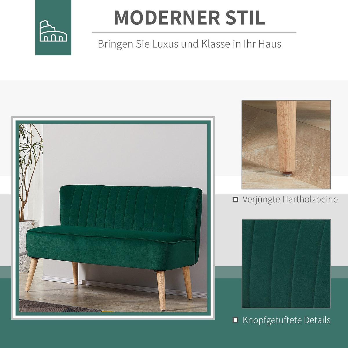 2-Seater Lounge Sofa Two-Seater Sofa Wood Velvet-Like Polyster Foam Dark Green 117 X 56.5 X 77 Cm