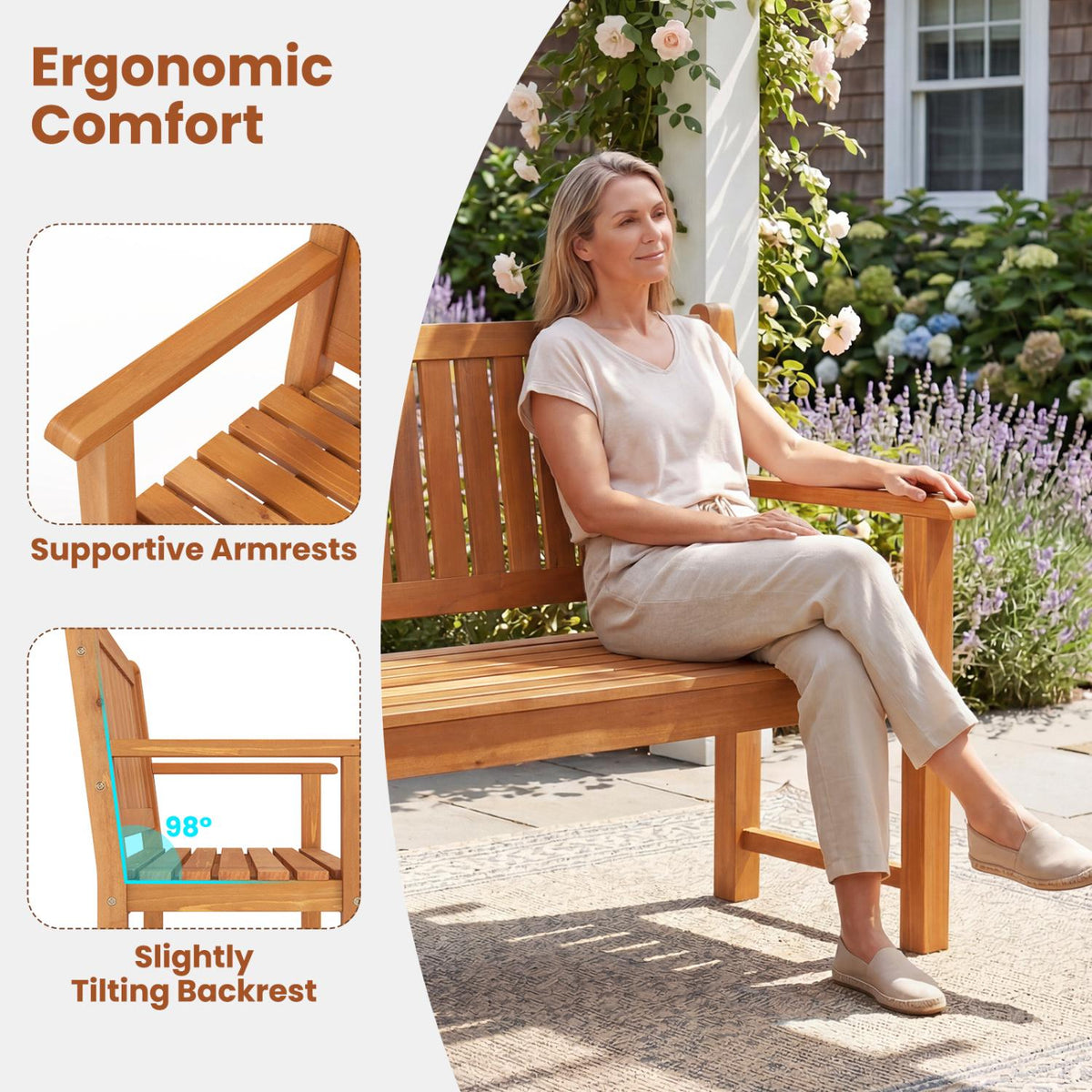 2-Seater Natural Fir Wood Outdoor Bench with Armrests