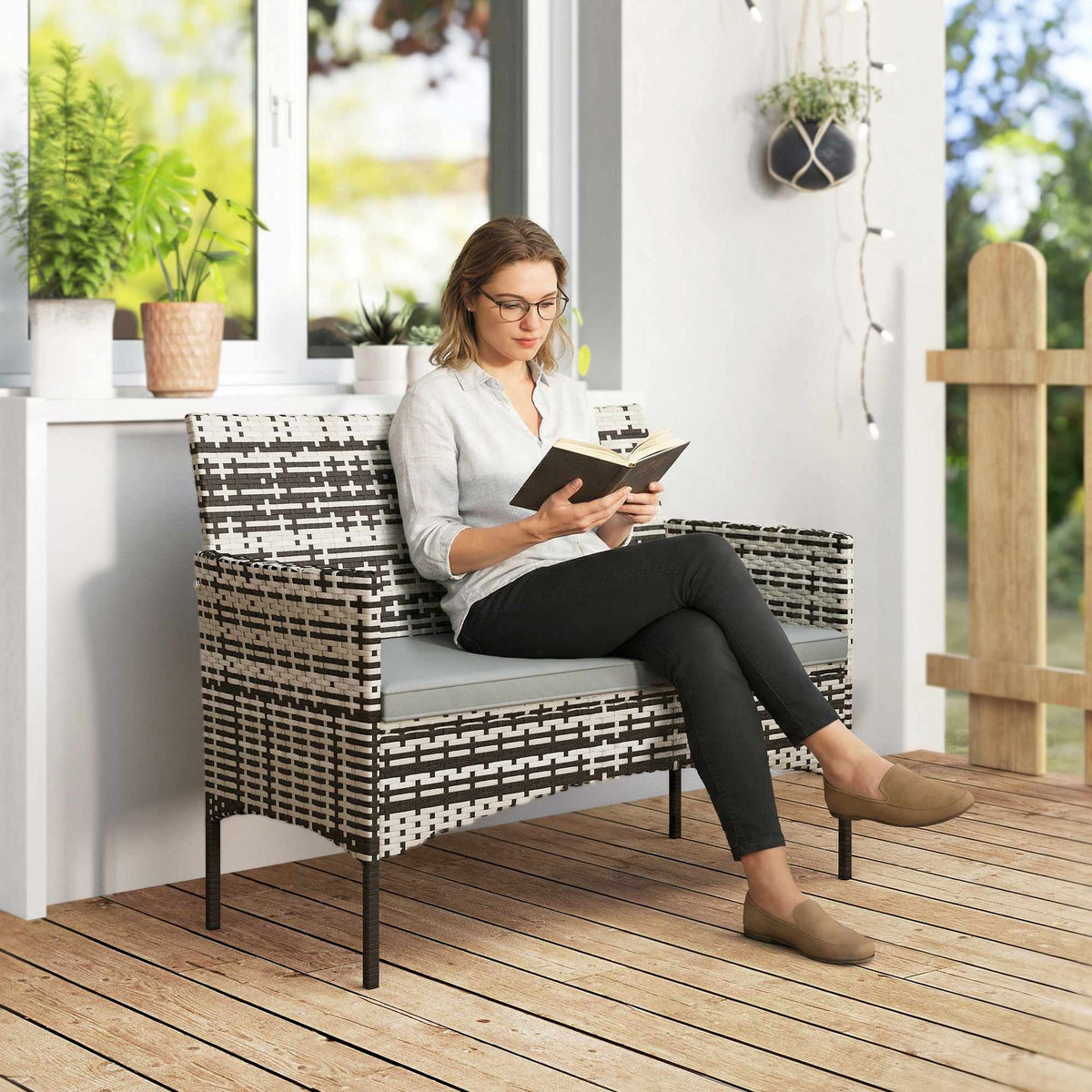 2-Seater Outdoor Rattan Sofa with Cushions, Dark Grey
