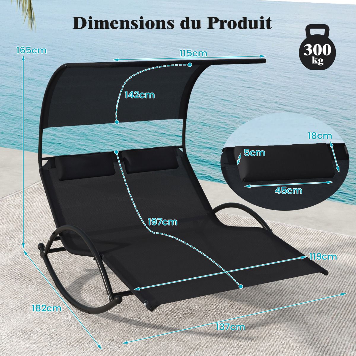 2-Seater Outdoor Swing Lounger With Canopy and Headrests, Black