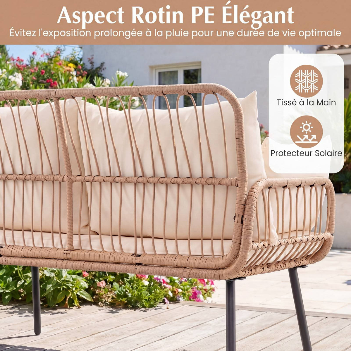2-Seater PE Rattan Outdoor Sofa With Cushions, Beige