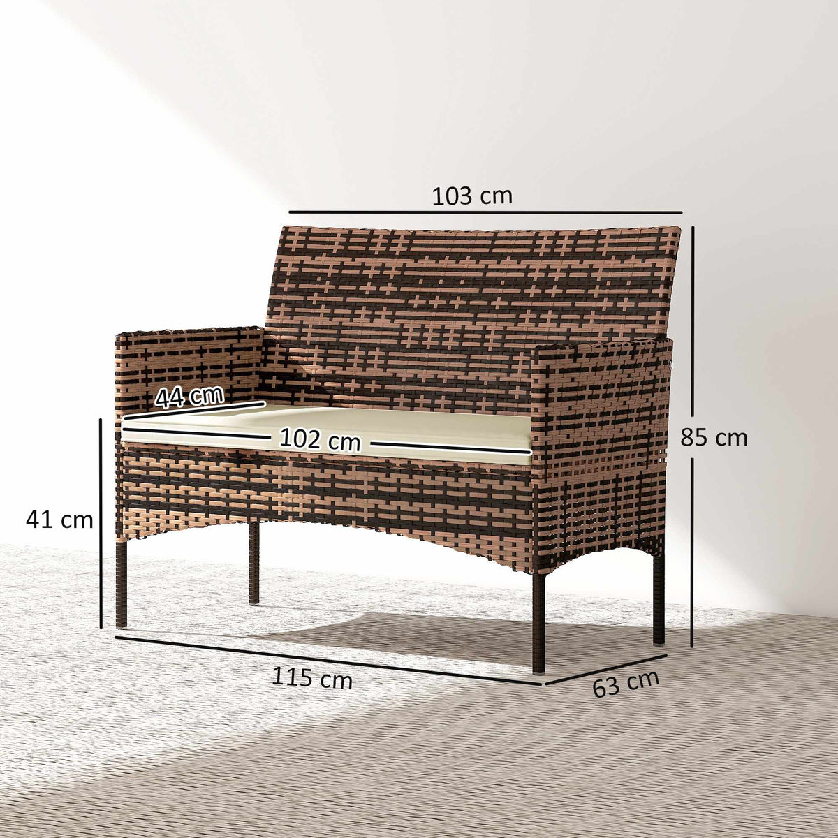 2-Seater Rattan Garden Sofa with Cushions, Khaki/Brown