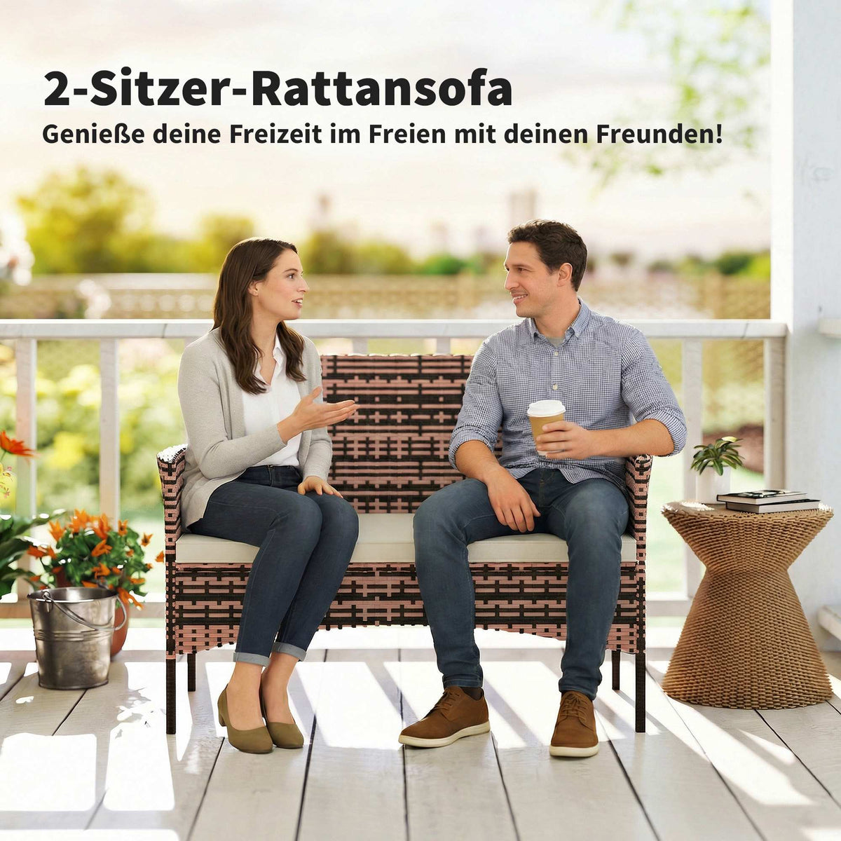 2-Seater Rattan Garden Sofa with Cushions, Khaki/Brown