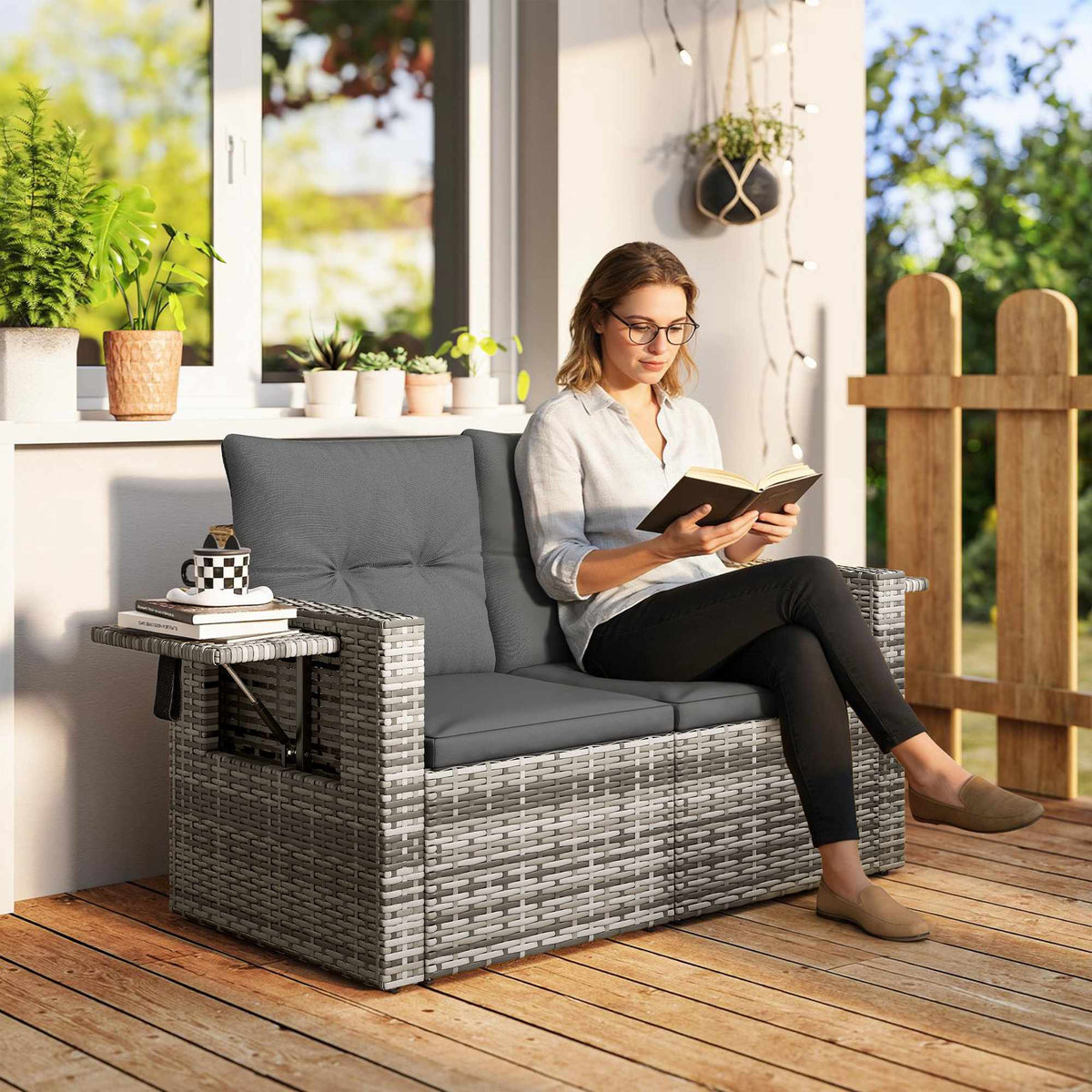 2-Seater Rattan Sofa with Hidden Trays and Cushions