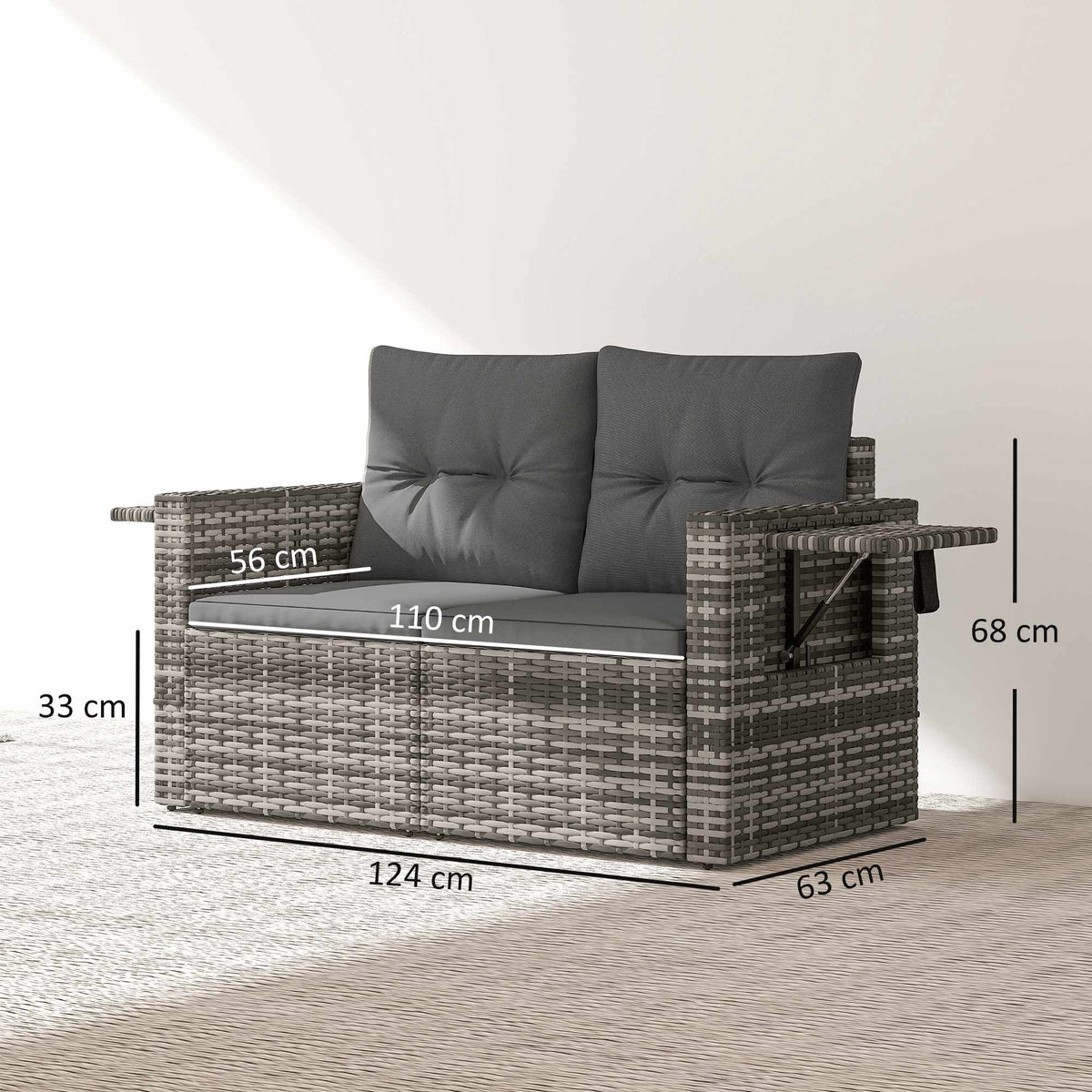 2-Seater Rattan Sofa with Hidden Trays and Cushions