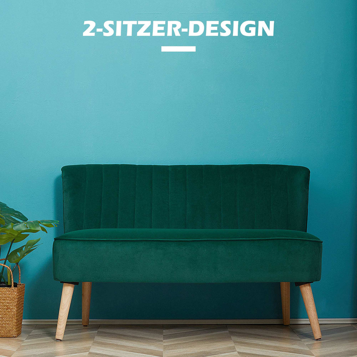 2-Seater Retro Sofa, Dark Green, Wood Legs, 117 cm