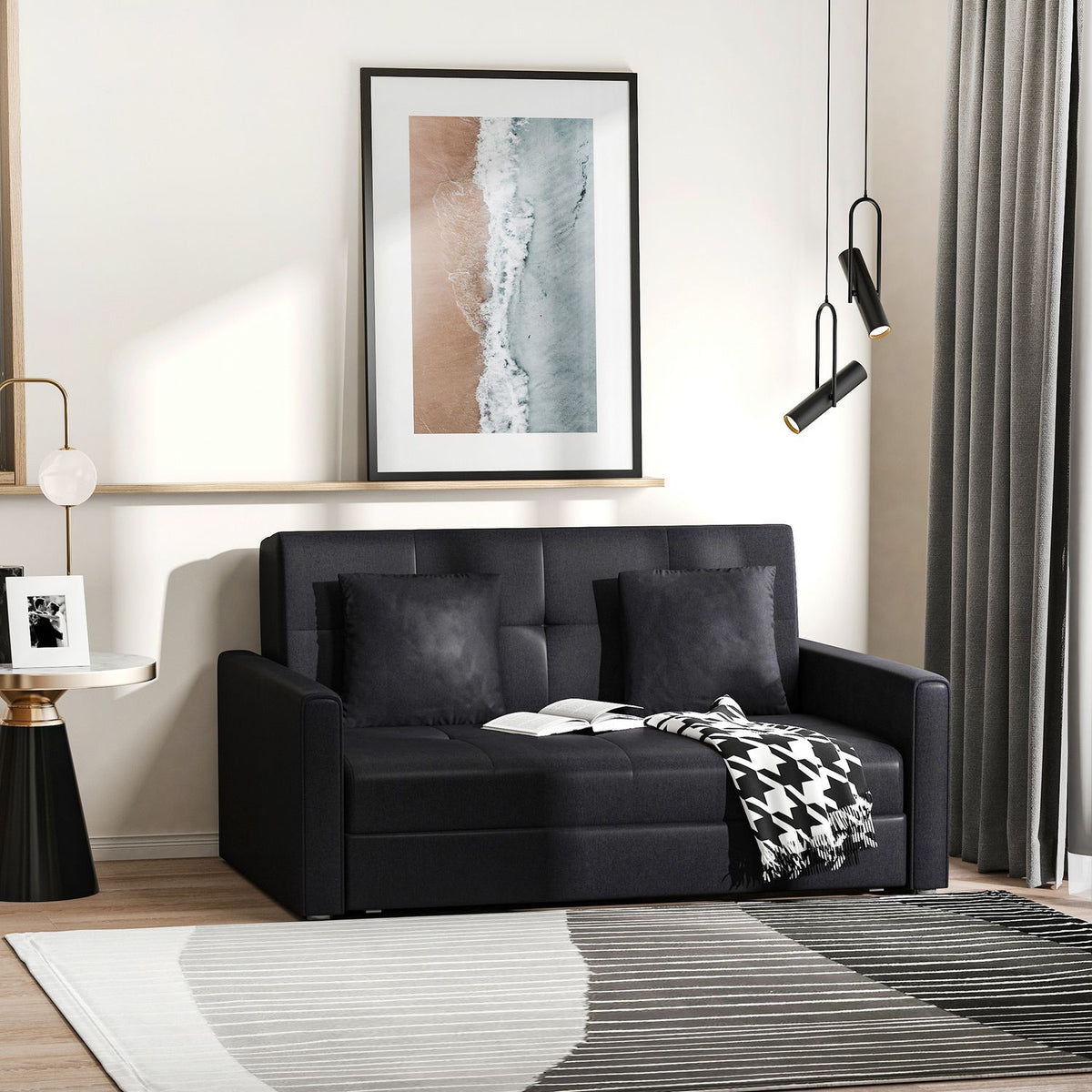 2-Seater Sofa Bed With Bed Function & Storage Space, Back Cushion, Polycotton, Wood, Charcoal Gray, 152X101X81Cm