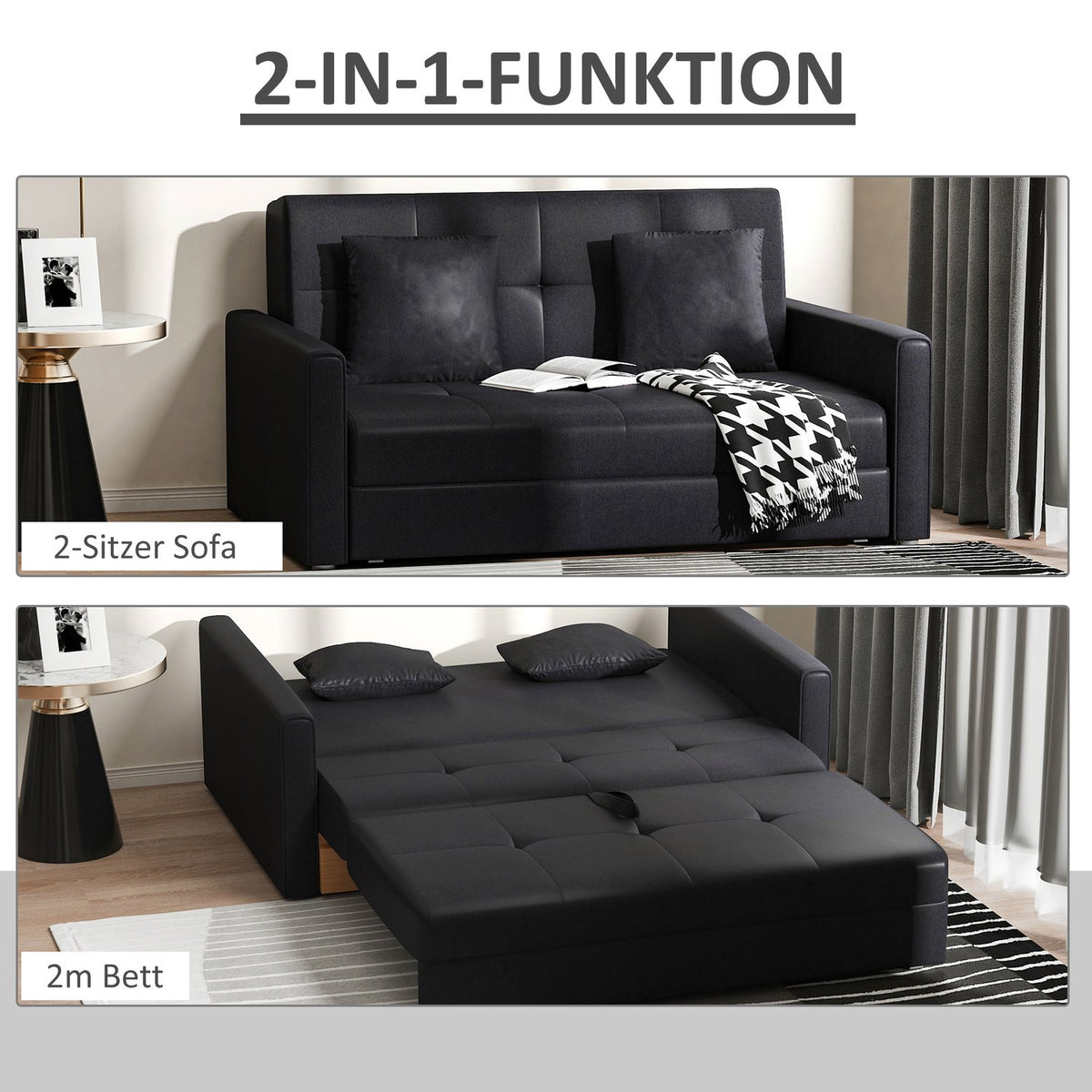 2-Seater Sofa Bed With Bed Function & Storage Space, Back Cushion, Polycotton, Wood, Charcoal Gray, 152X101X81Cm
