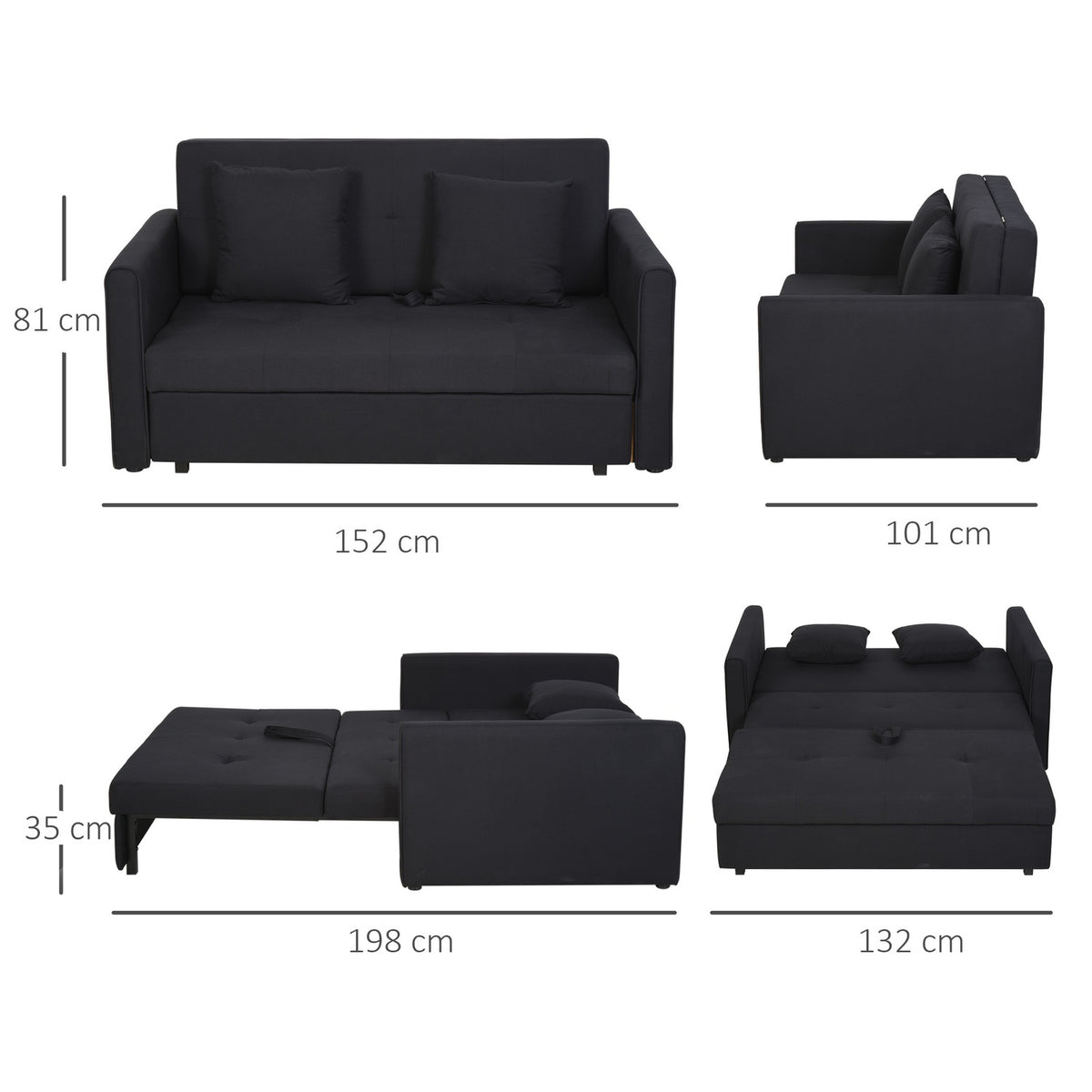 2-Seater Sofa Bed With Bed Function & Storage Space, Back Cushion, Polycotton, Wood, Charcoal Gray, 152X101X81Cm