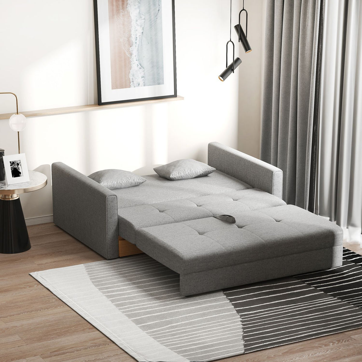 2-Seater Sofa Bed With Bed Function, Storage Space & Back Cushion, Polycotton, Wood, Gray, 152X101X81Cm