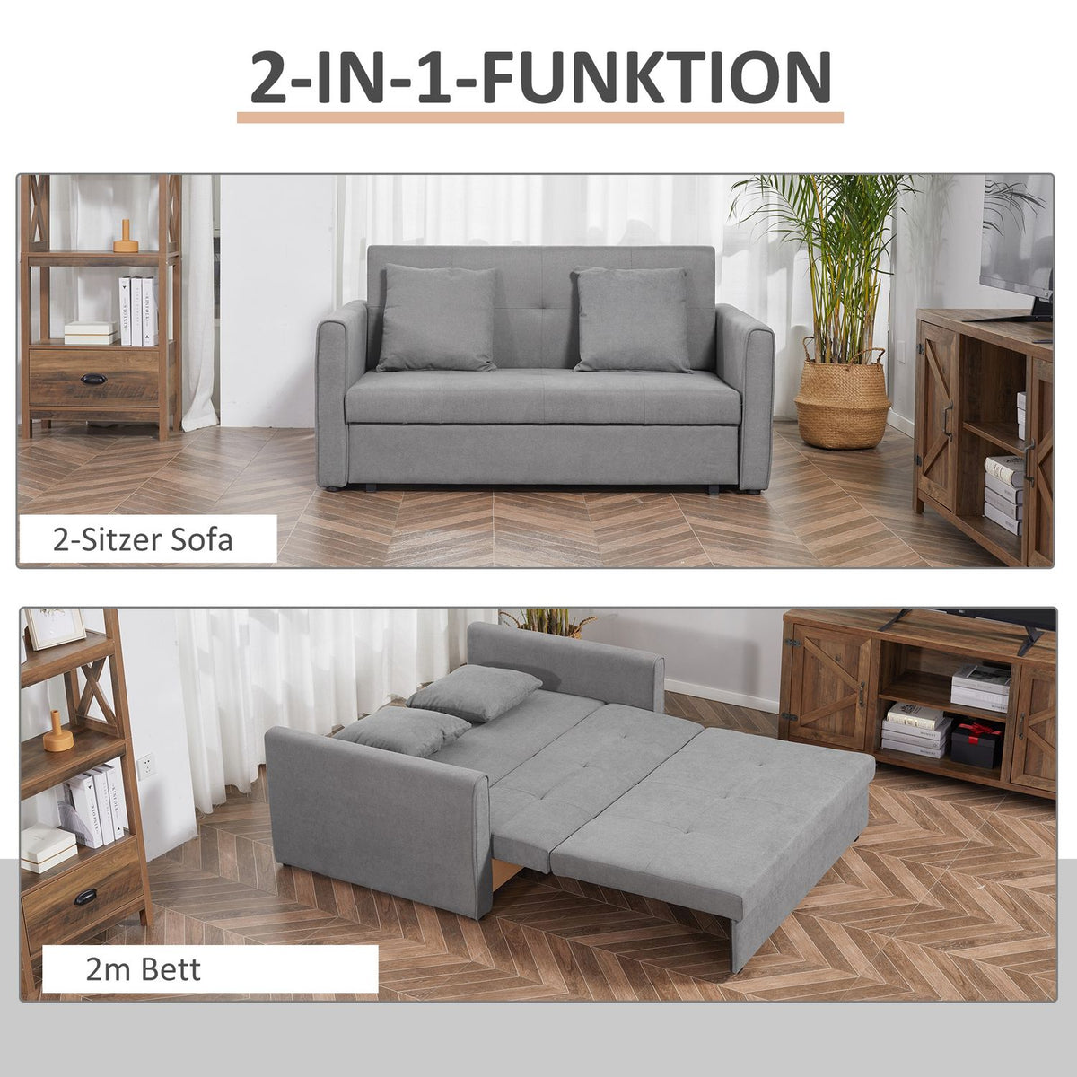 2-Seater Sofa Bed With Bed Function, Storage Space & Back Cushion, Polycotton, Wood, Gray, 152X101X81Cm