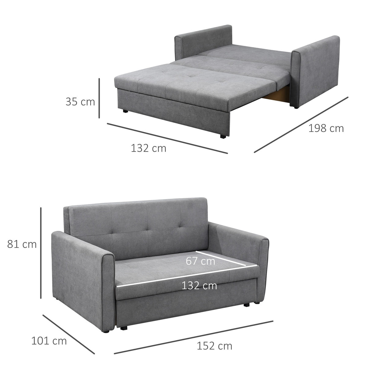 2-Seater Sofa Bed With Bed Function, Storage Space & Back Cushion, Polycotton, Wood, Gray, 152X101X81Cm